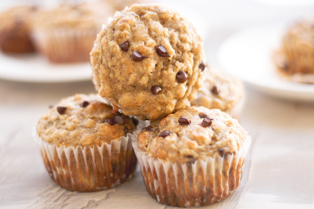 healthy banana oat muffins on a counter