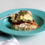 Stuffed chicken breast with mashed potatoes and mushroom gravy