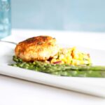 blackened salmon cakes with corn salsa and steamed asparagus
