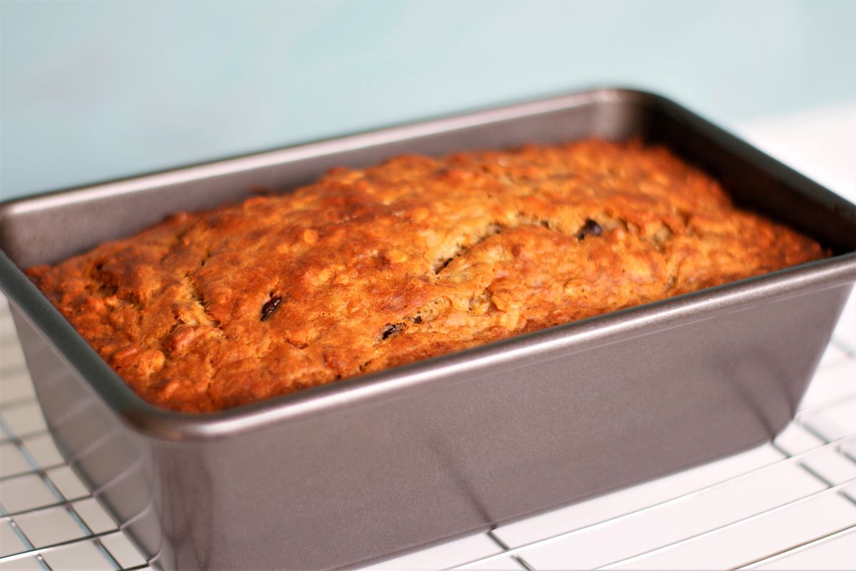 A loaf of banana bread in loaf pan