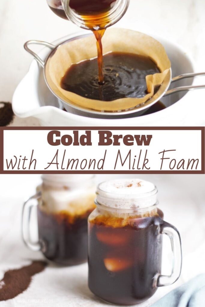 Graphic with mugs of cold brew with almond milk foam.