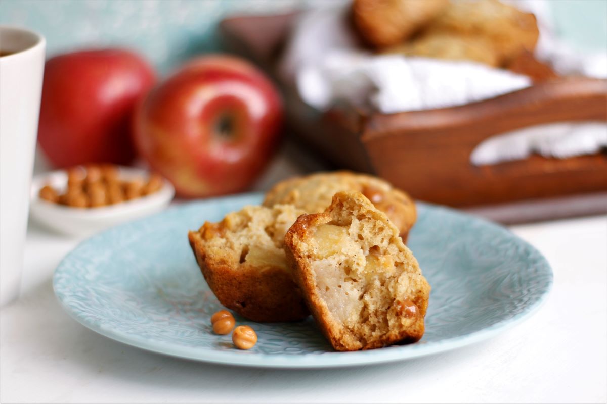 a plate with caramel apple muffins