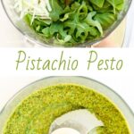 Pin graphic of the ingredients for pistachio pesto in a food processor