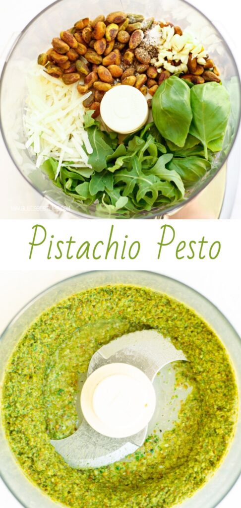 Pin graphic of the ingredients for pistachio pesto in a food processor 