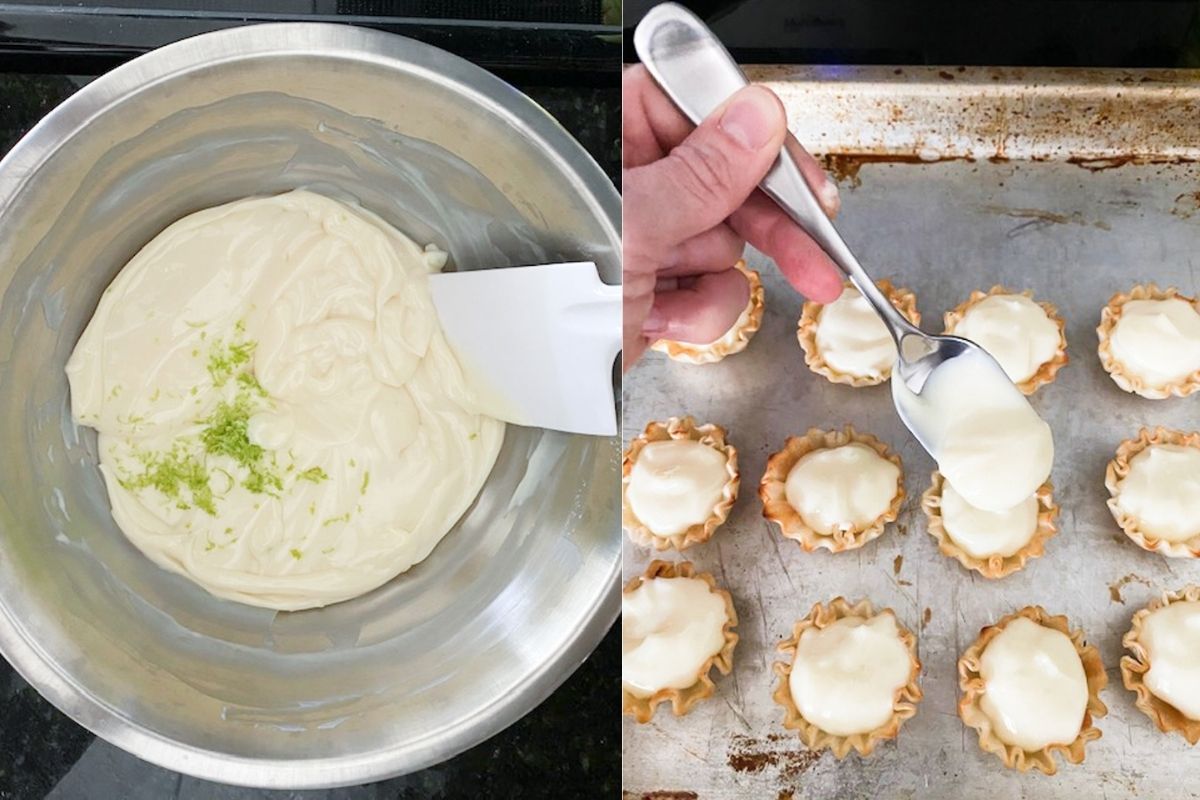 making the key lime filling and spooning it into the phyllo shells