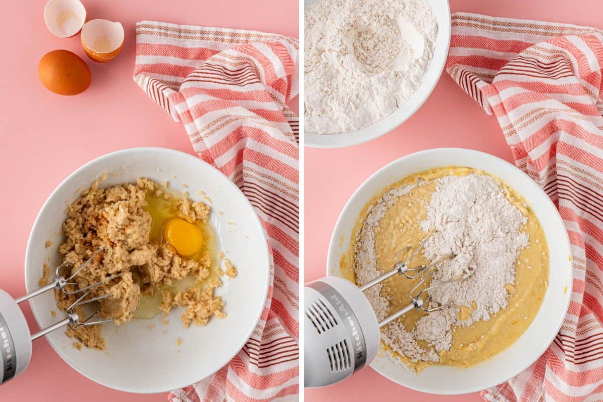 Side-by-side photo: Left: blending the egg to the wet mixture using a hand mixer. Right: mixing in the dry ingredients using a hand mixer. 