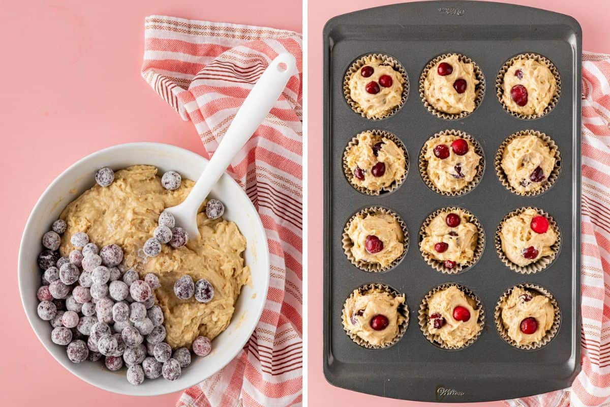 Side-by-side photo: Left: folding in the flour-coated cranberries to the batter. Right: portioning the batter into a 12-pieces muffin tin pan. 