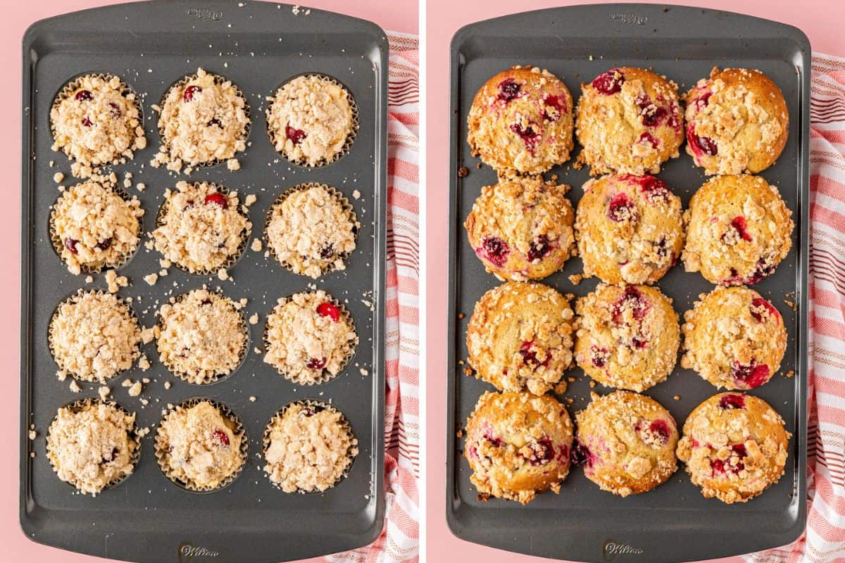 Side-by-side photo: Left: Adding in crumbs on top of the raw batter in a 12-pieces muffin tray. Right: 12 pieces Golden brown baked cranberries orange muffins in a muffin tray. 