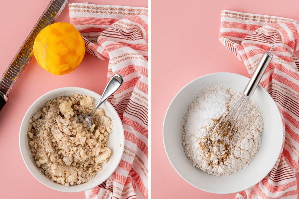 Side-by-side photo: Left: Using a spoon mix in the sugar, and butter. Right: whisking in the dry ingredients on a separate bowl using a wire whisk. 