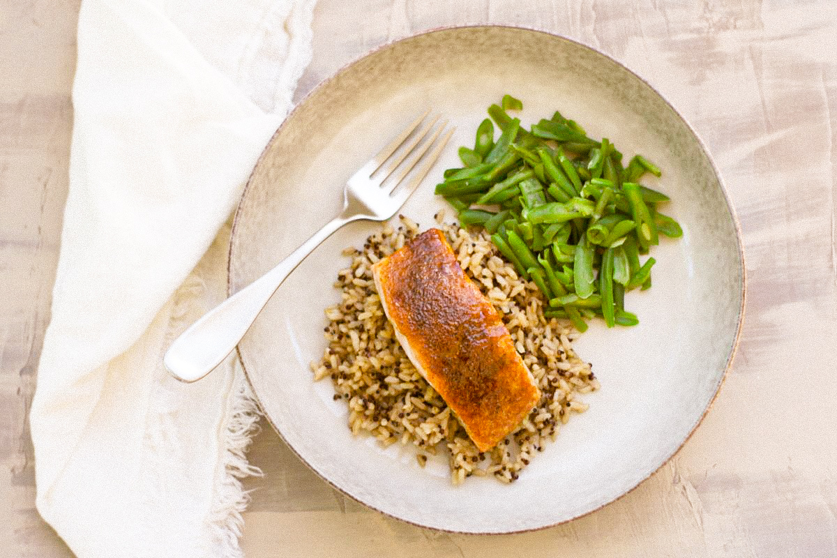 Moroccan Spiced Salmon with rice and green beans