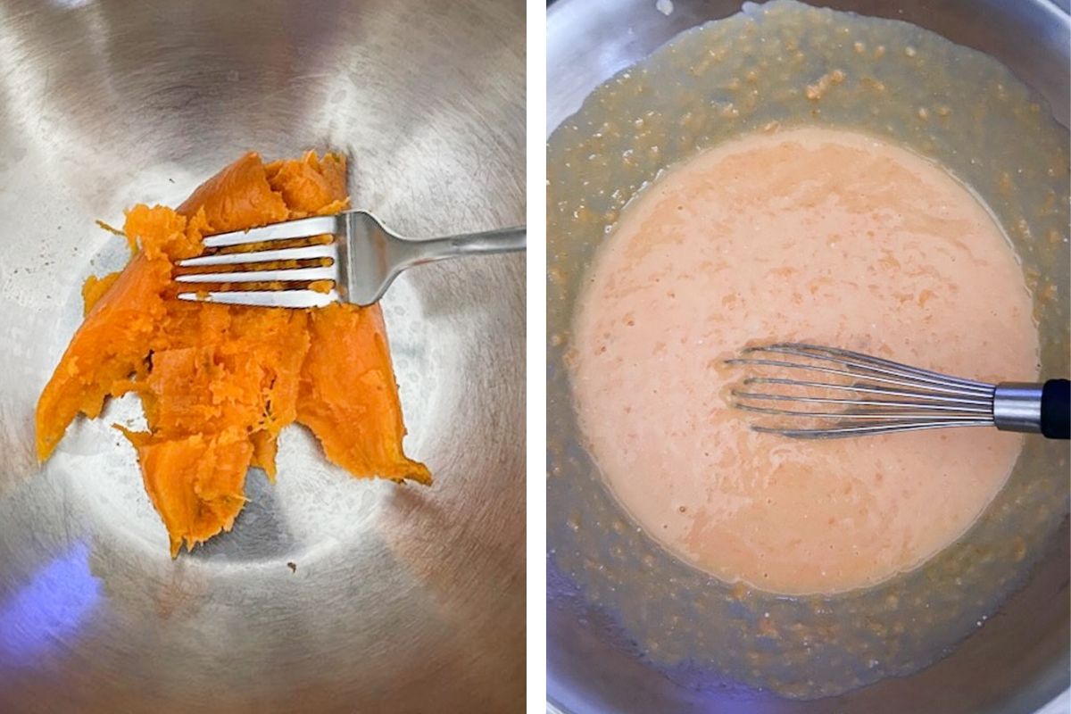 mashing sweet potato with a fork and using a whisk to mix all of the wet ingredients together
