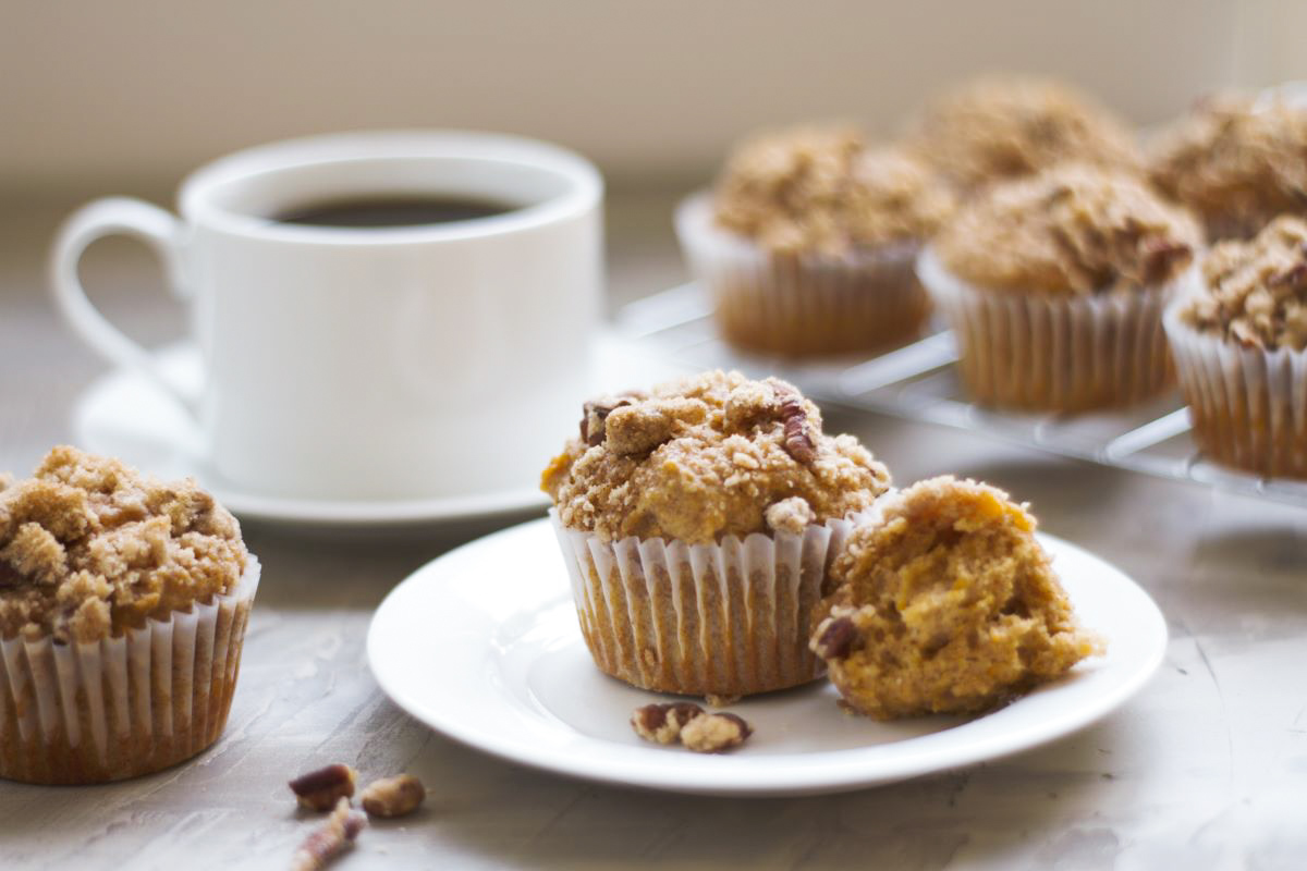 a plate with sweet potato muffins and a cup of coffee