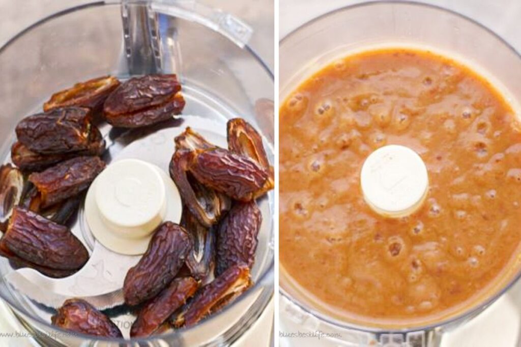 Dates in a food processor and then date paste after they have been blended 