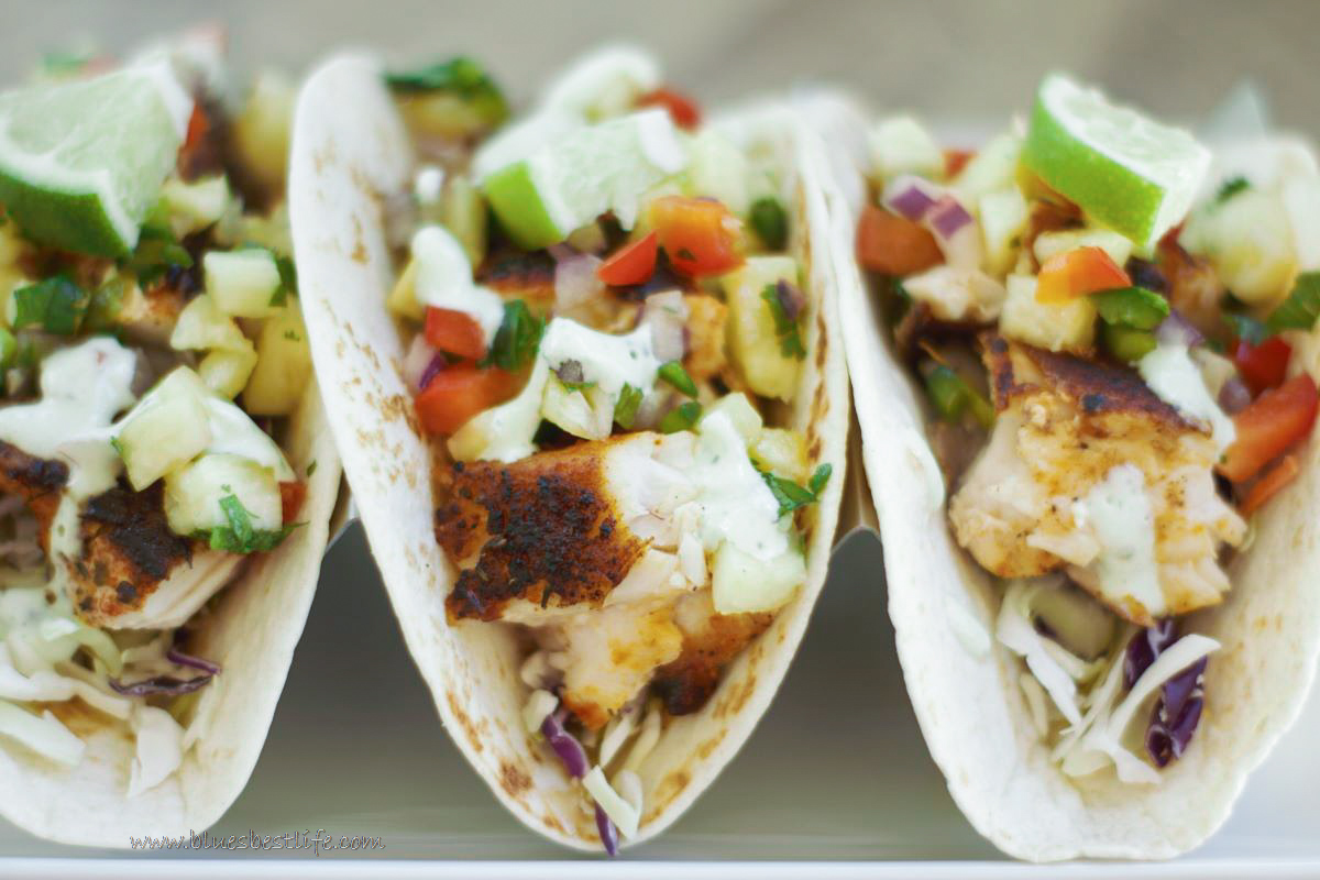 blackened fish tacos with pineapple salsa and jalapeno remoulade