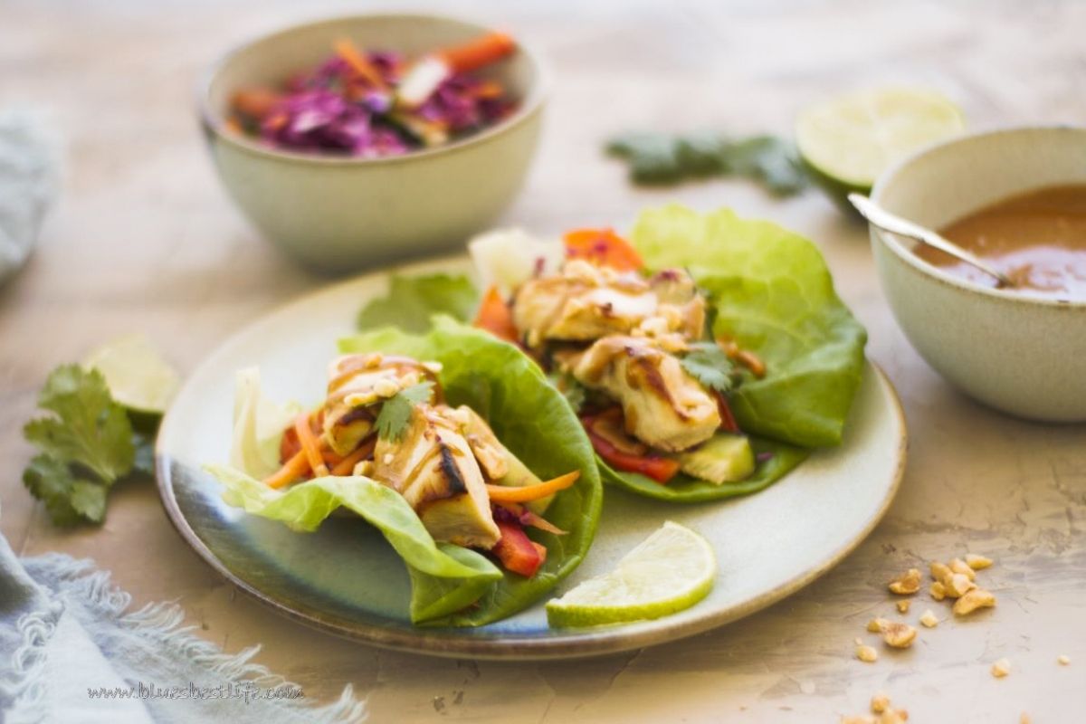 A plate with Thai Chicken Lettuce Wraps 