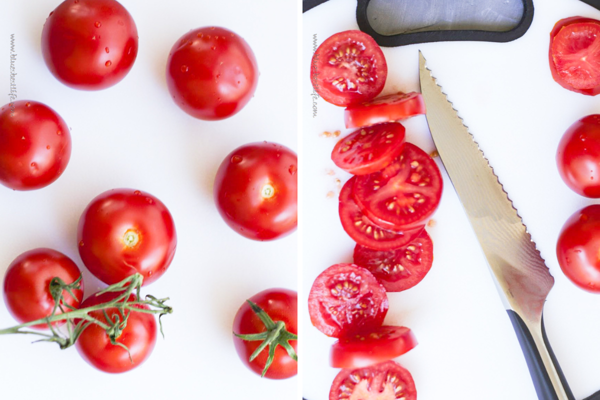 tomatoes with a serrated knife showing how to slice for a caprese salad