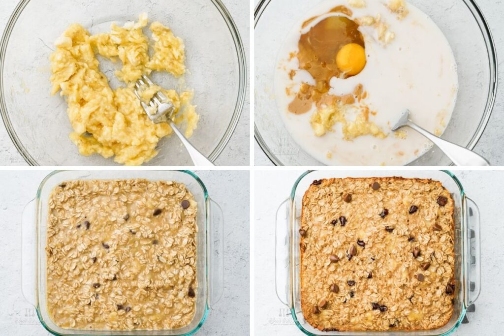 Steps to make baked oatmeal, mashing banana, mixing in the wet ingredients, pouring the oatmeal mixture into an 8x8 pan and the oatmeal after baking. 