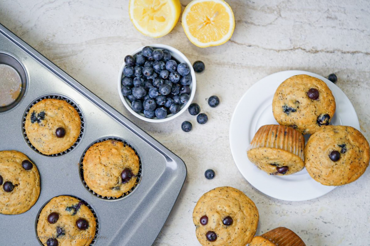 Muffin tin with lemon poppyseed blueberry muffins 