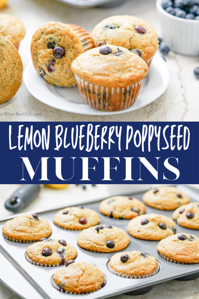 a grafic with lemon poppyseed blueberry muffins on a plate and showing them on a baking tray