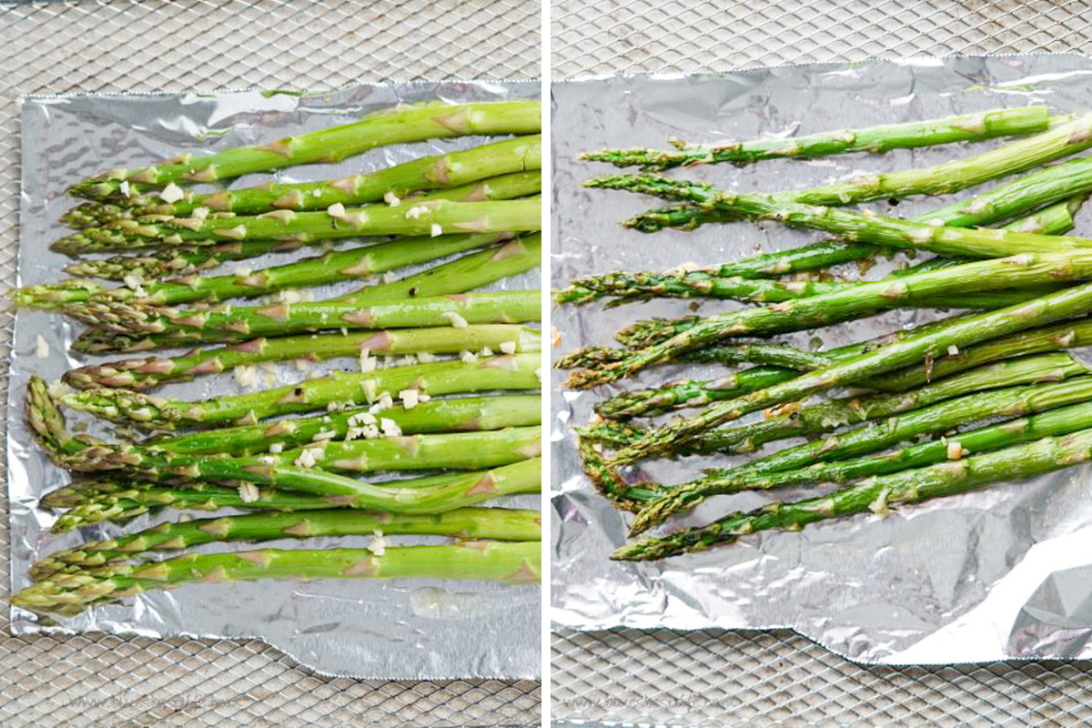 Asparagus before and after being roasted in an air fryer 