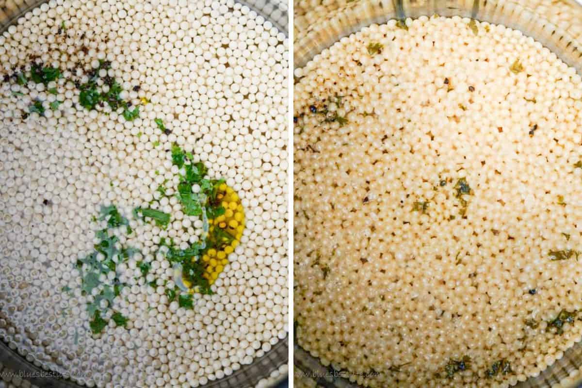 The couscous before and after it cooks in the Instant Pot. 