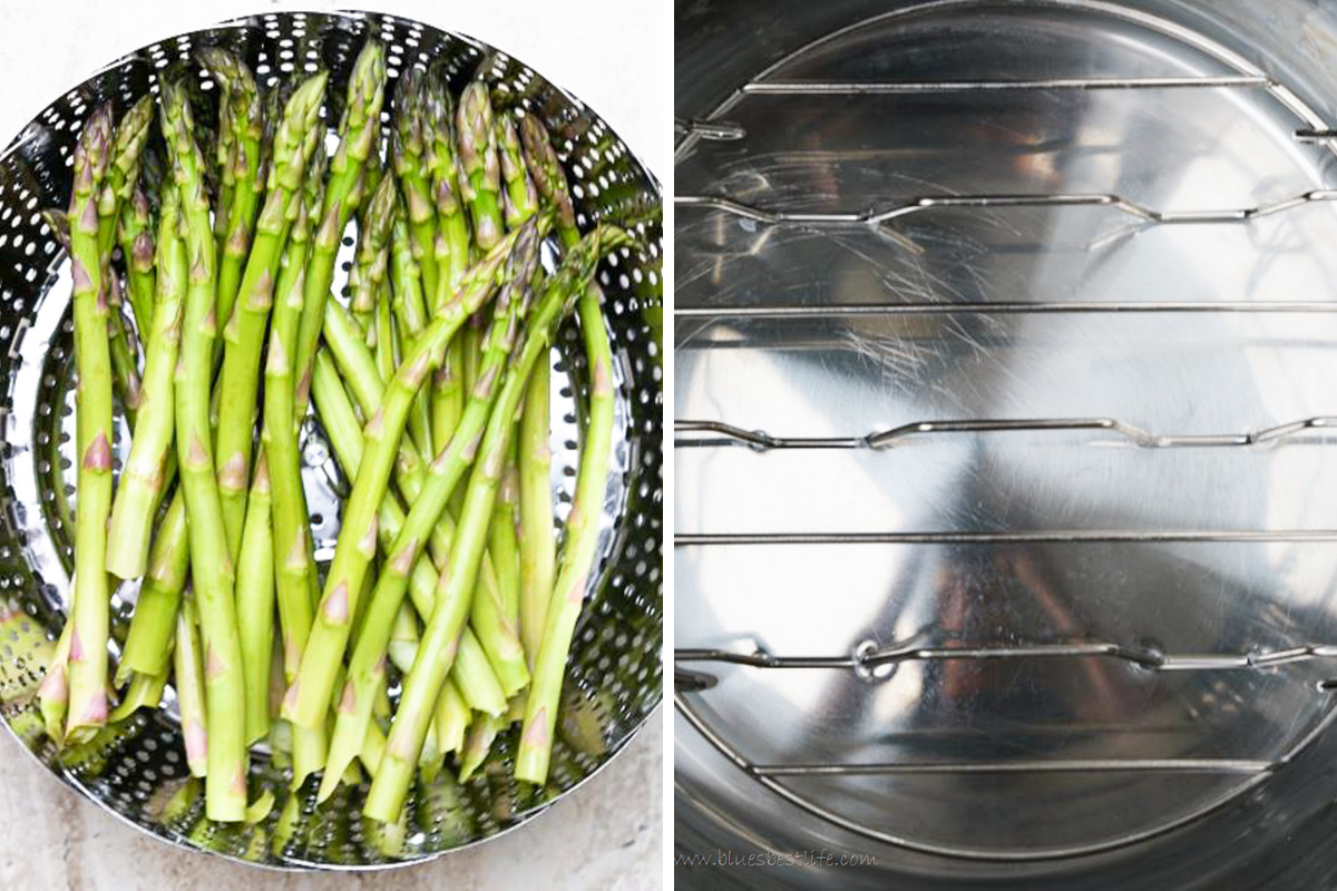 asparagus going into instant pot and fitted in with steamer basket
