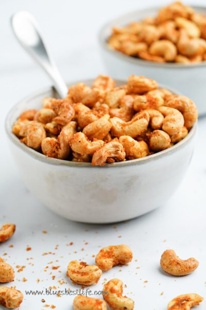 A bowl of sweet and spicy roasted cashews 