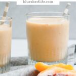 pinterest graphic of banana peach smoothies in two glasses