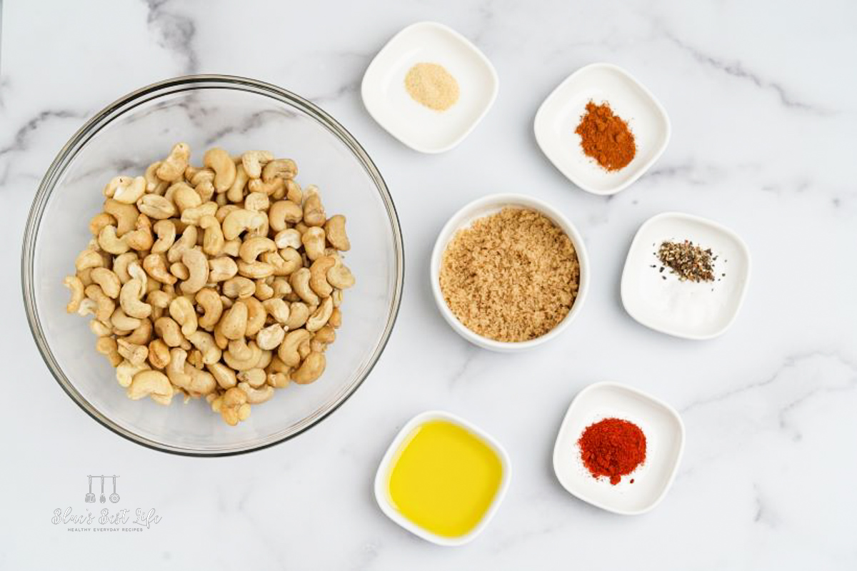 ingredients measured into bowls for roasted cashews.