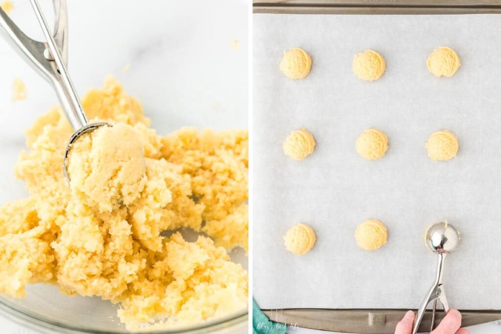 scooping the dough and arranging them in a baking tray with parchment paper