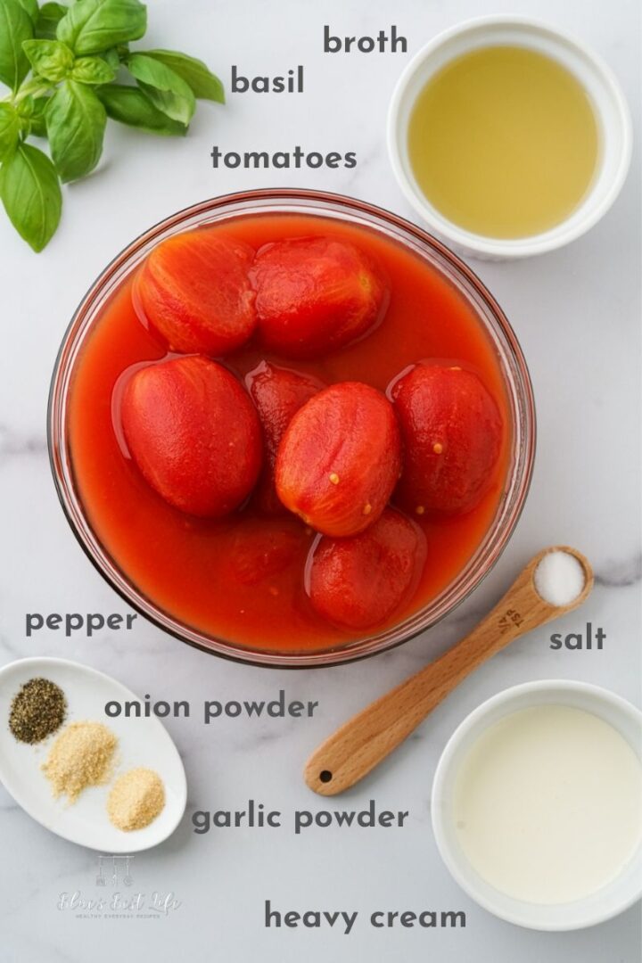 Ingredients for Vitamix tomato basil soup.  