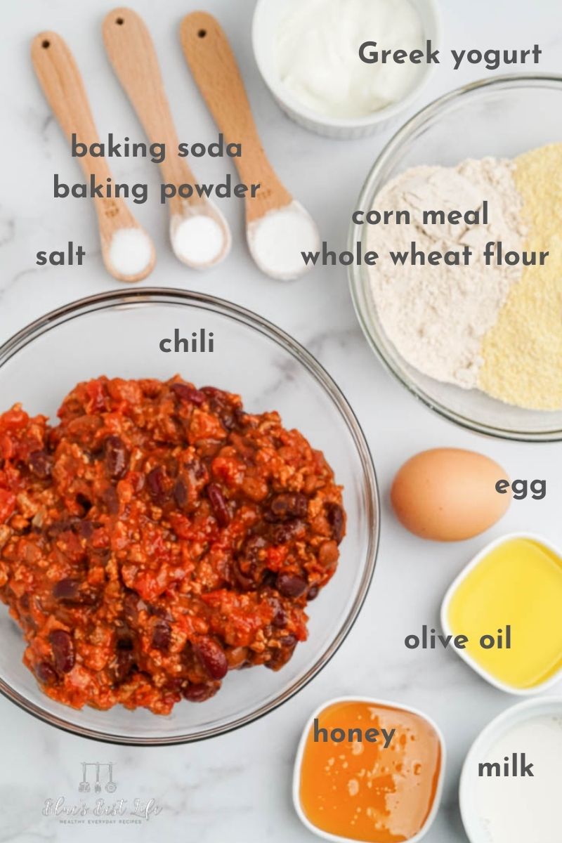 The ingredients needed to make a leftover chili cornbread casserole