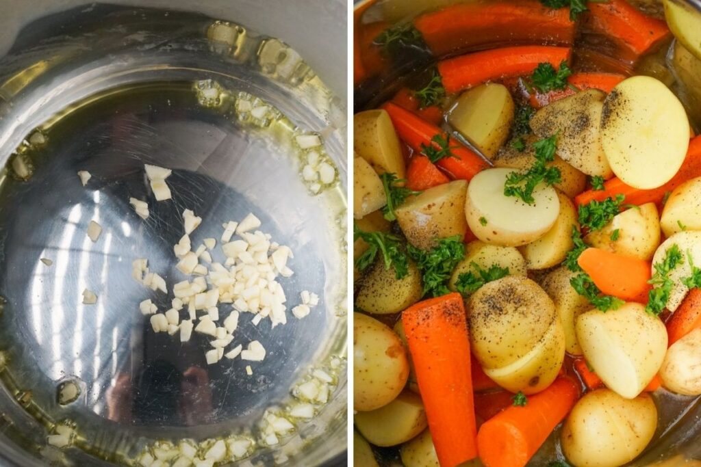 Sautéing the garlic and the potatoes and carrots inside the Instant Pot. 