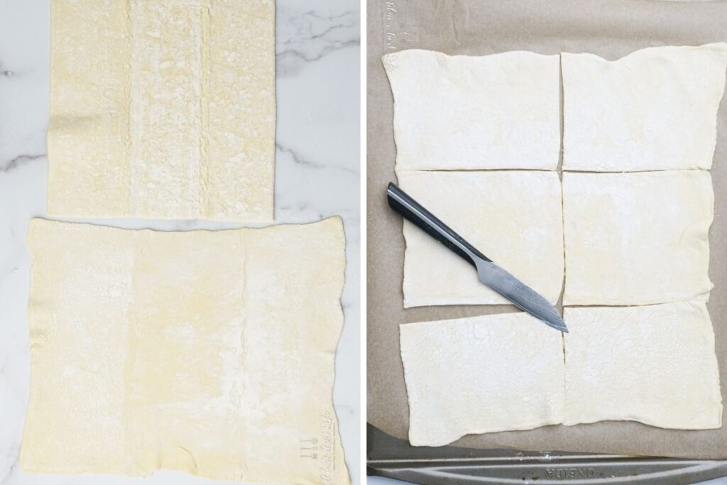 rolling out puff pastry and cutting into squares.