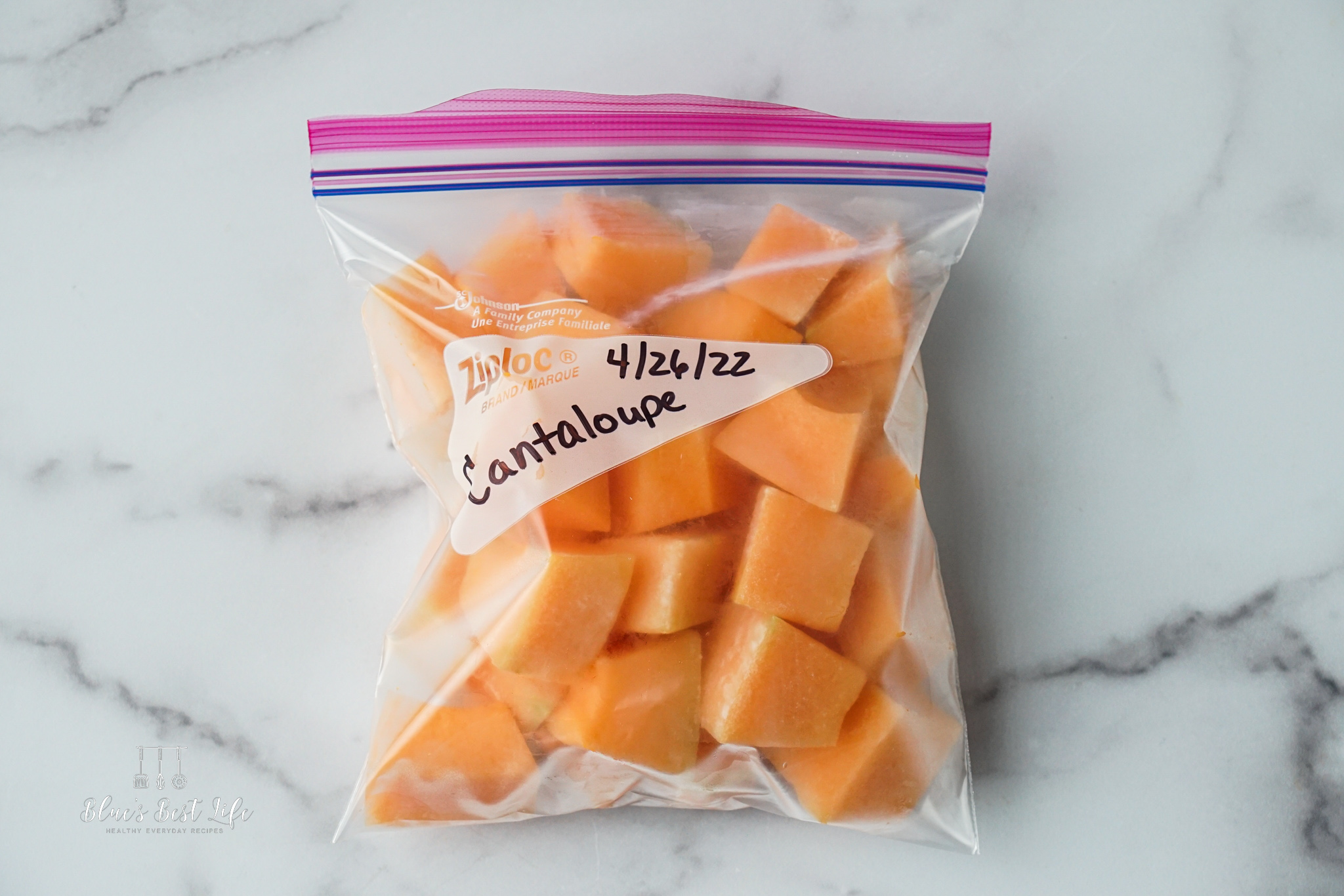 The cantaloupe chunks in a freezer bag.  