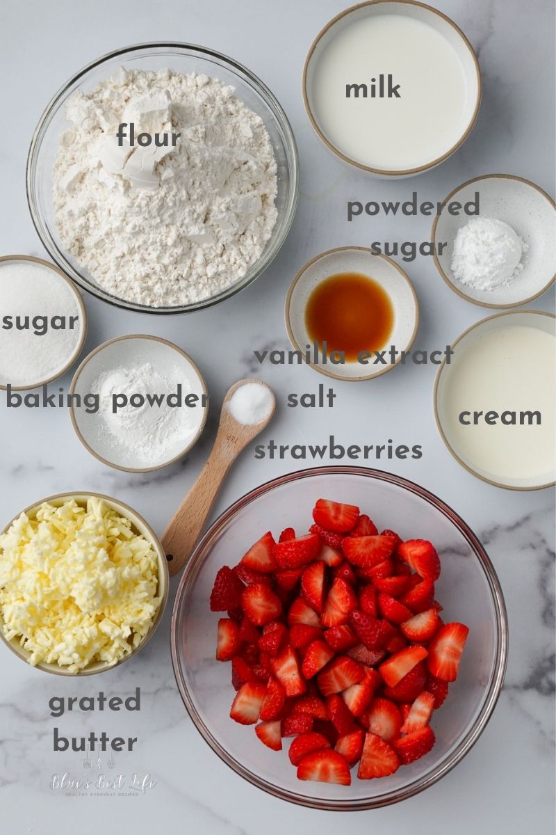Ingredients for strawberry shortcake muffins. 