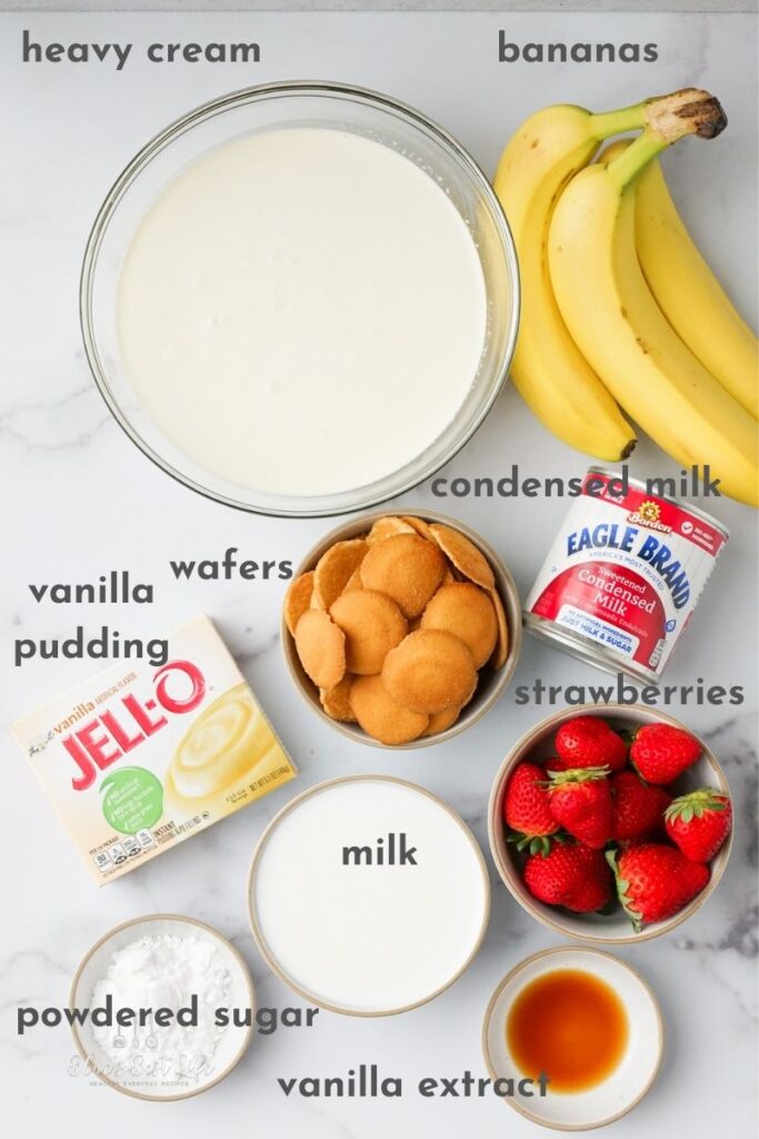 The ingredients for strawberry banana pudding. 