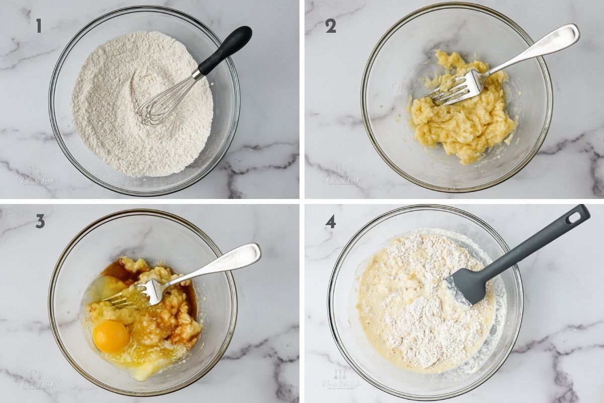 A collage of the step by step instructions to make banana pancakes. 