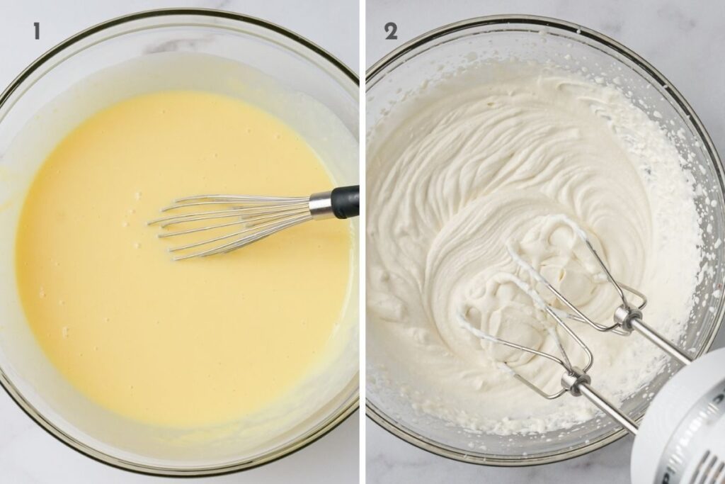 Whisking the pudding and the whipped cream.  