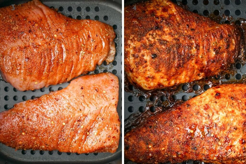 The tenderloin in the air fryer before and after cooking. 
