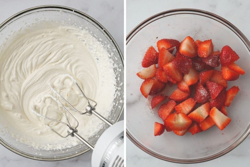 Using a mixer to make whipped cream.  And a bowl with strawberries and sugar sprinkled on top. 