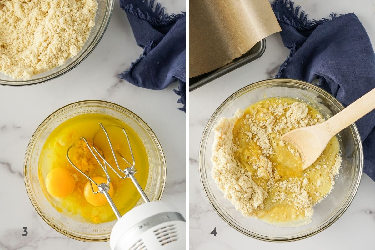 Mixing together the eggs into the olive oil mixture.  Then adding the wet and dry ingredients together.
