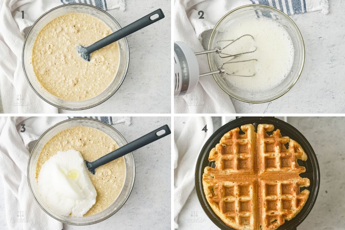 Mixing together the batter, whipping the egg whites separately and the waffle cooking on the waffle maker. 