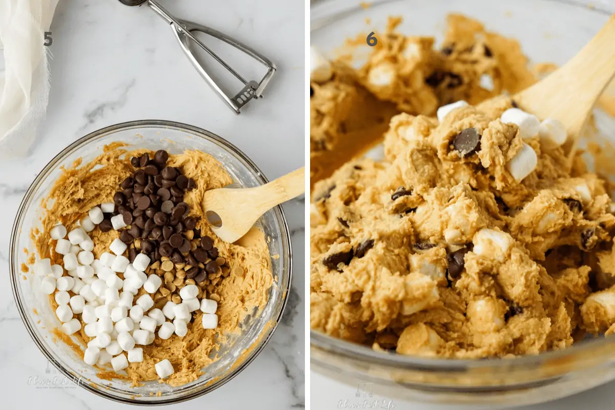 A spoon mixing in the chocolate chips and marshmallows into the cookie dough. 