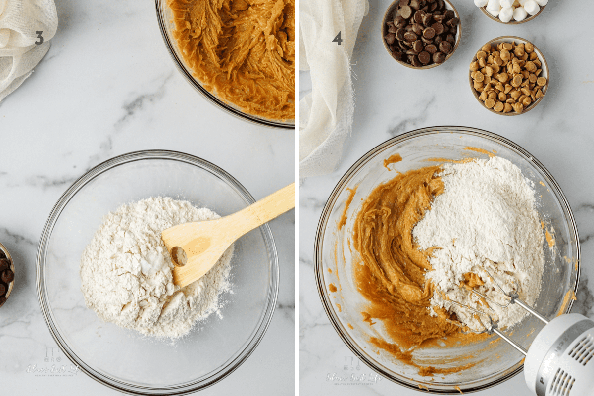 A spoon mixing together the dry ingredients.  Then adding the flour to the peanut butter mixture.  