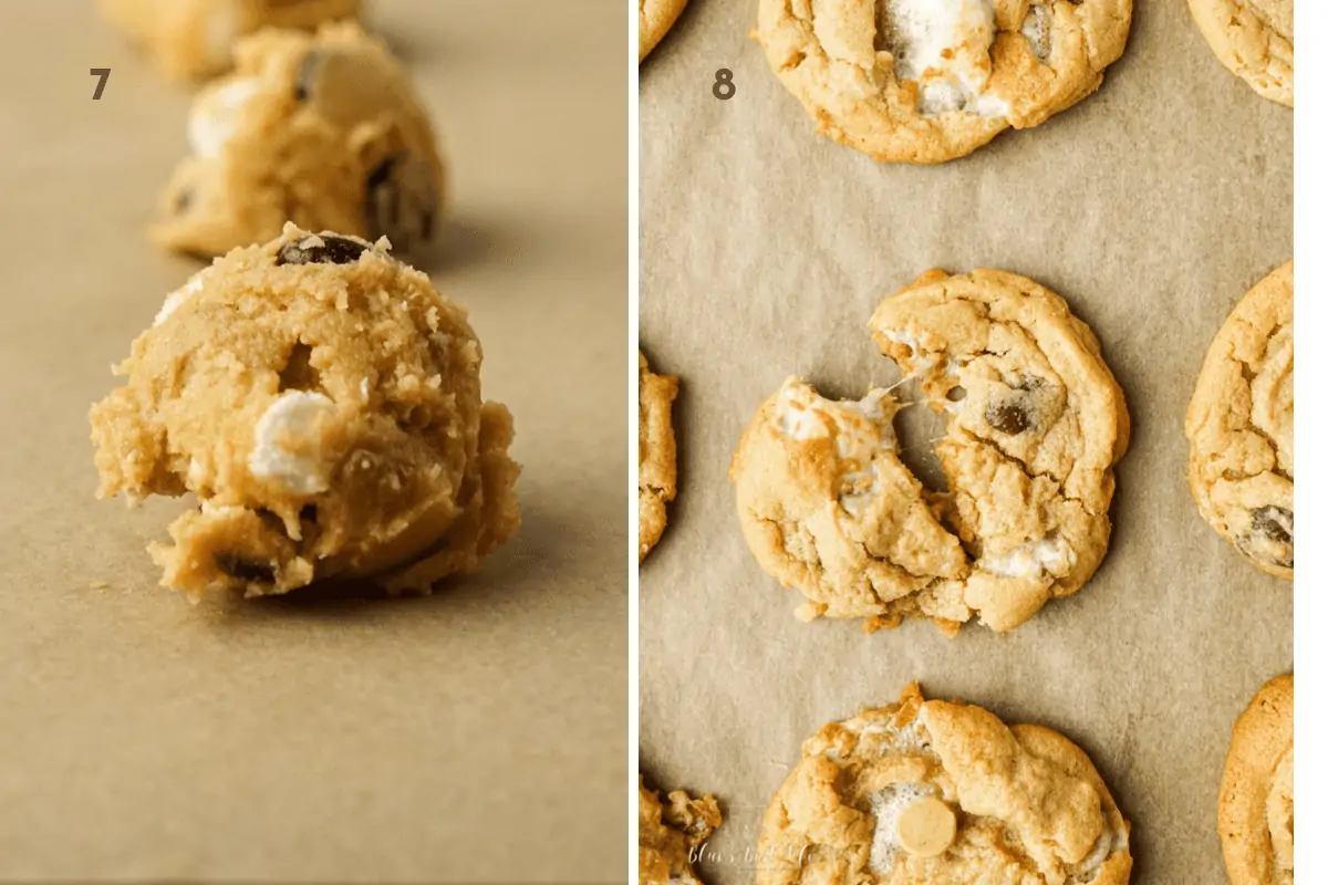 Scooping the cookie dough balls onto parchment paper and the cookies after baking.  