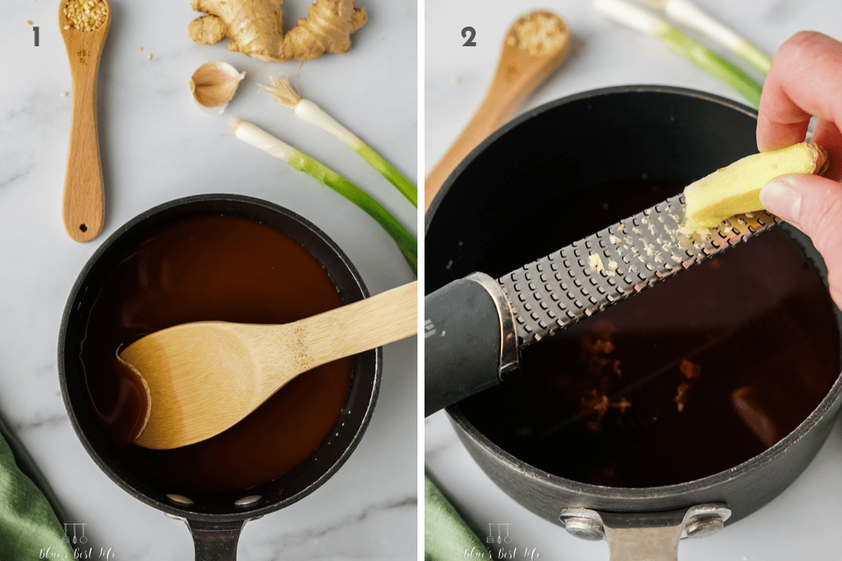Making the teriyaki sauce in a sauce pan and grating fresh ginger in the pan.