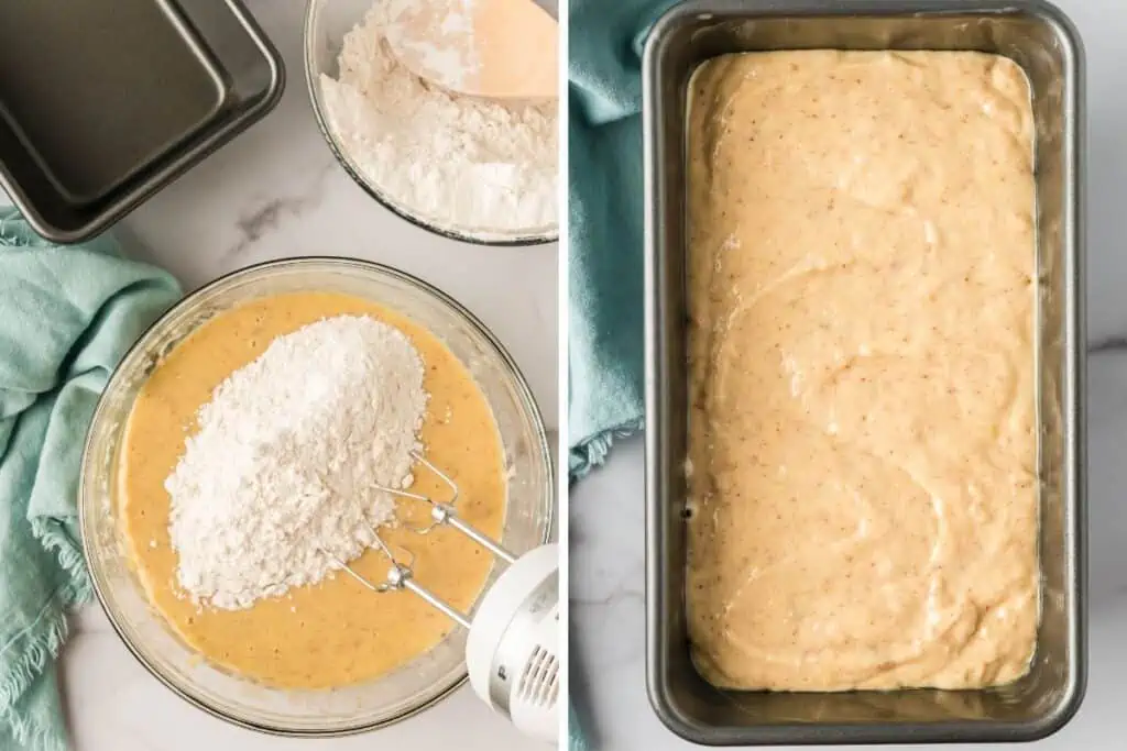 Mixing in the dry ingredients into the banana mixture and then that banana bread batter in a loaf pan. 