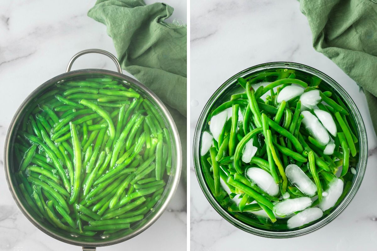 Blanching the green beans and chilling them in an ice bath. 