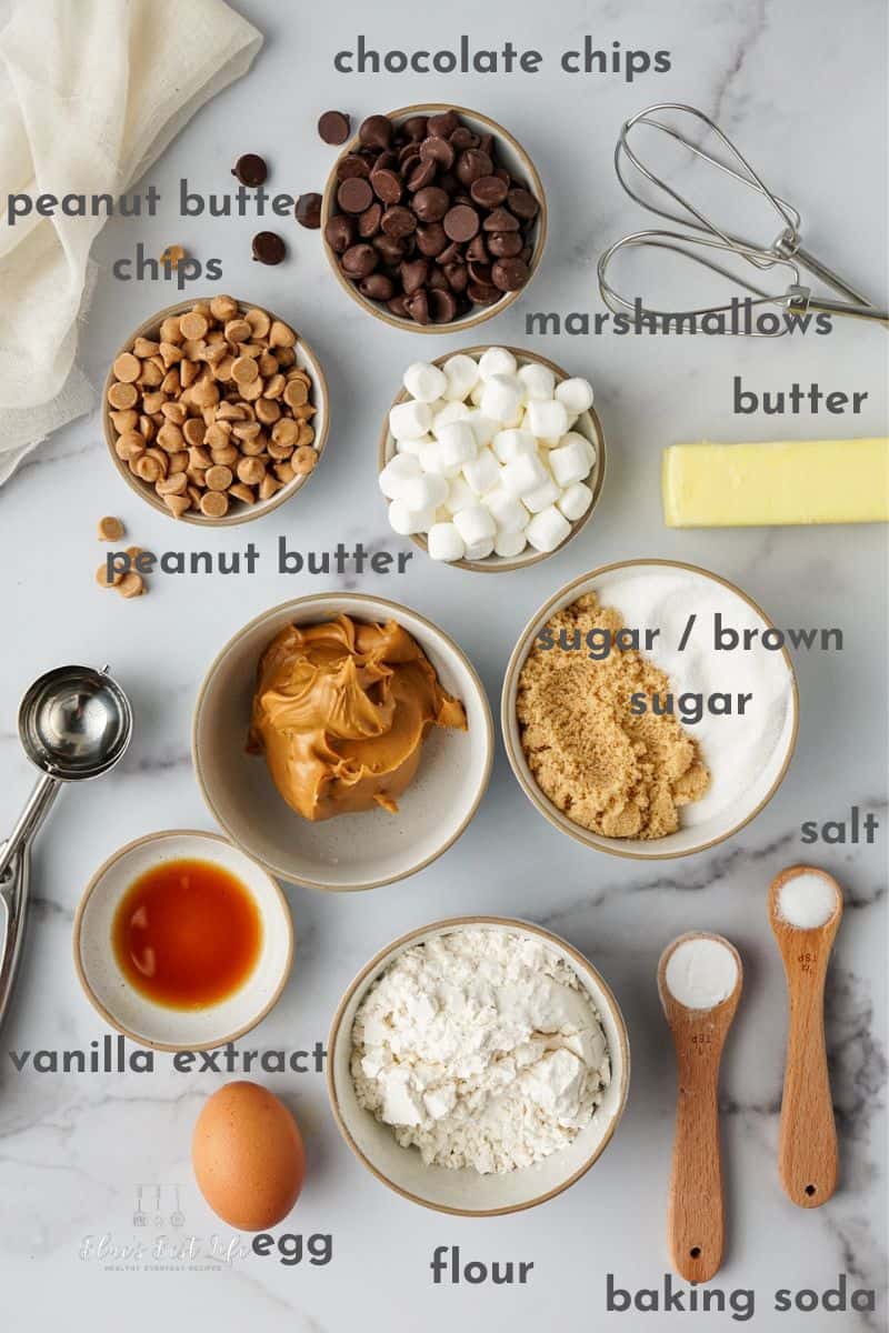 Ingredients needed to make peanut butter cookies with chocolate chips and marshmallows. 